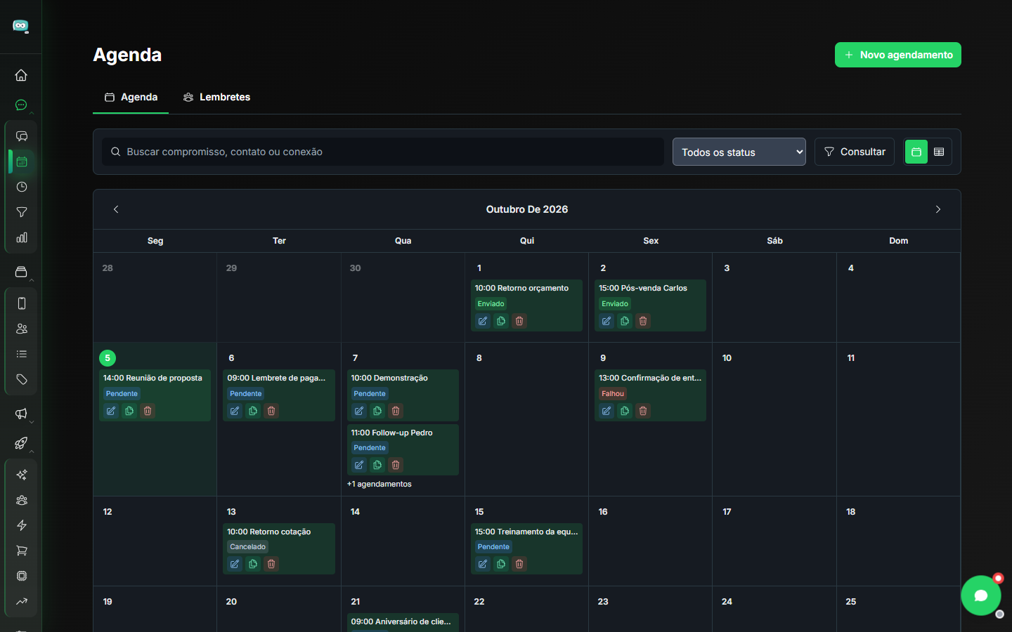 Agenda em visualização de calendário com agendamentos do mês