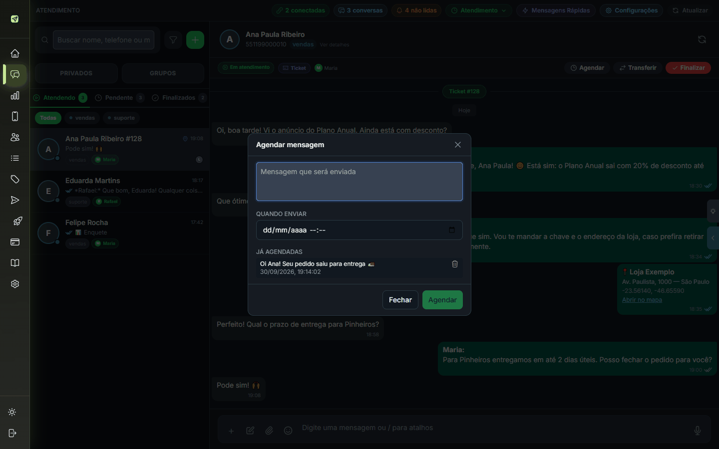 Janela de agendamento de mensagem