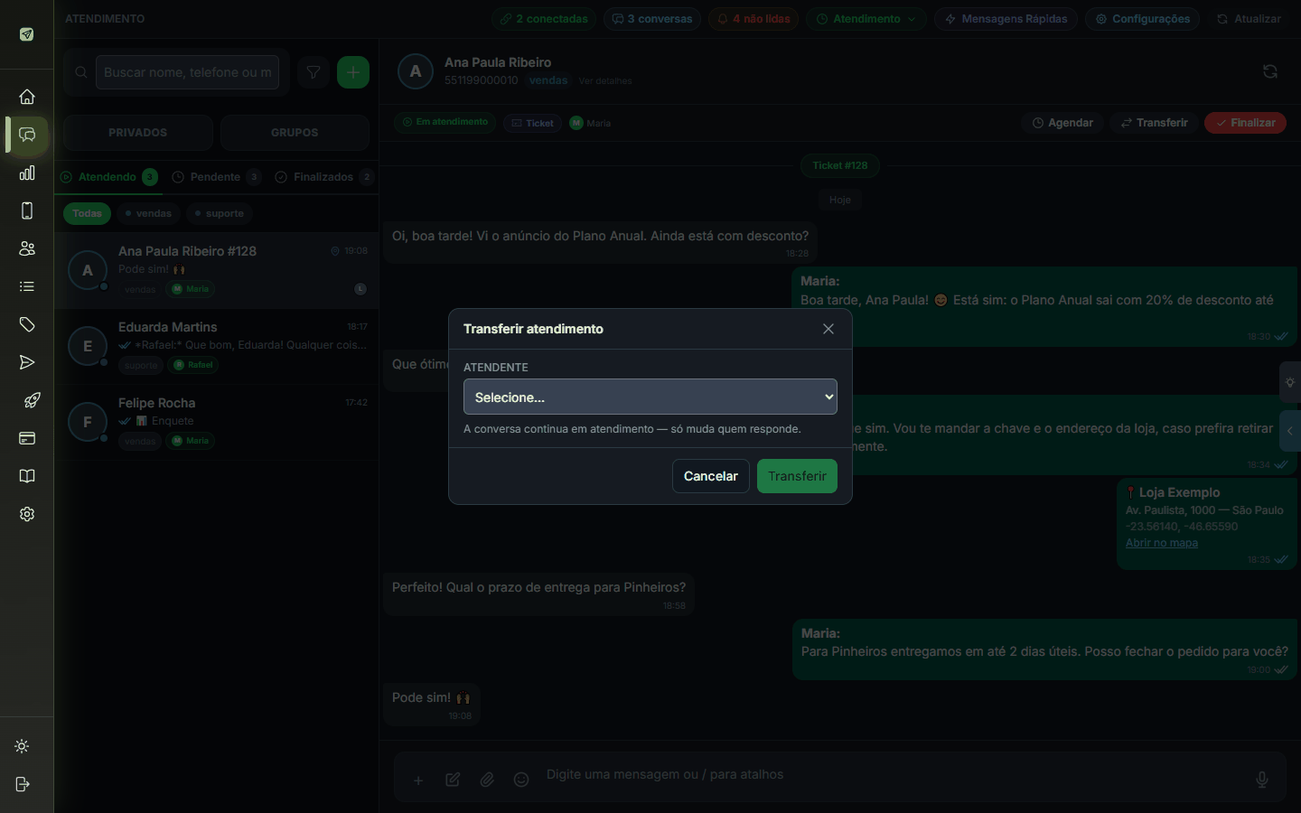 Janela de transferência para outro atendente