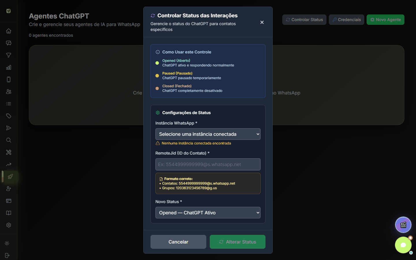 Janela Controlar Status das Interações