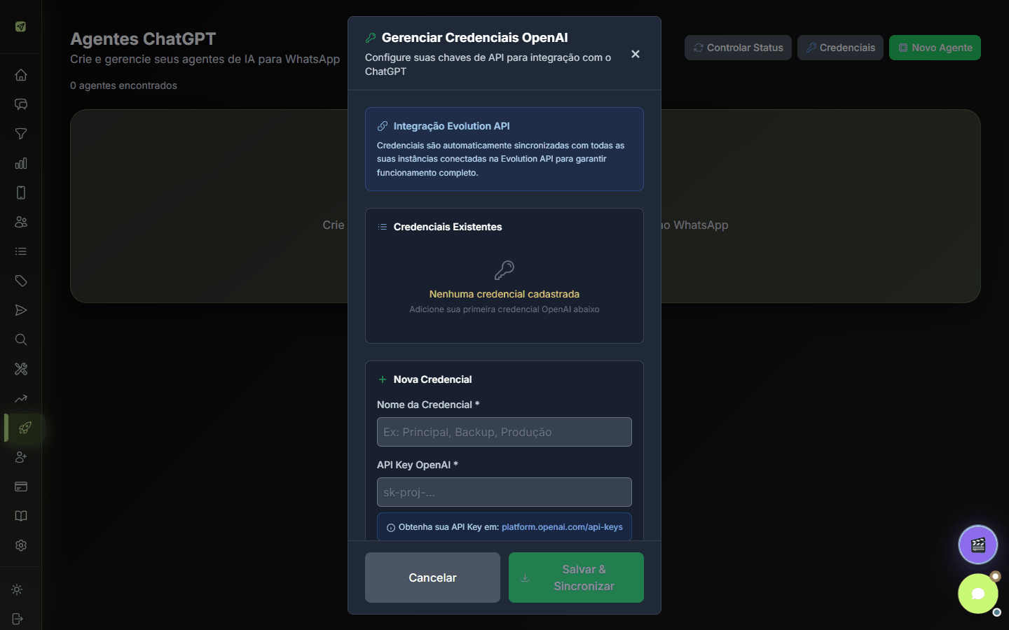 Janela Gerenciar Credenciais OpenAI