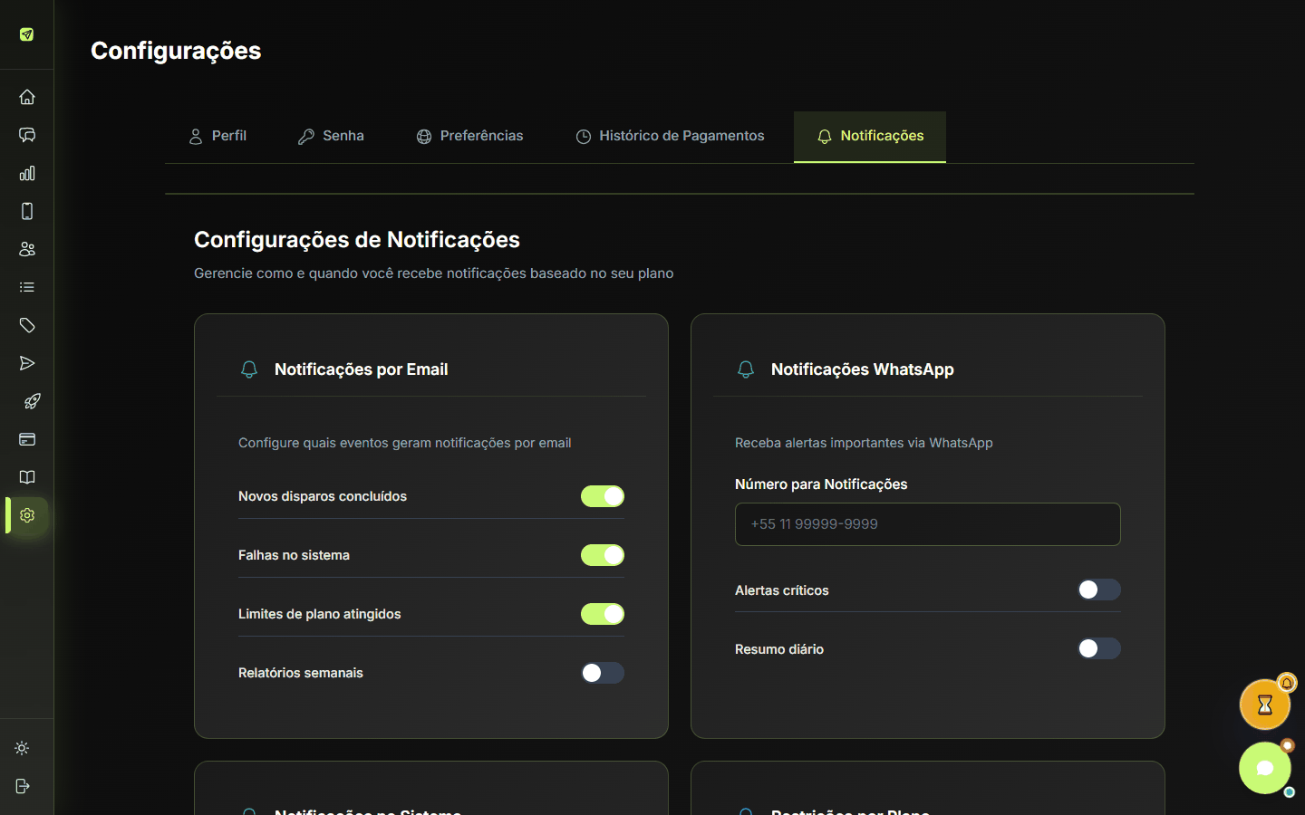 Configurações, aba Notificações